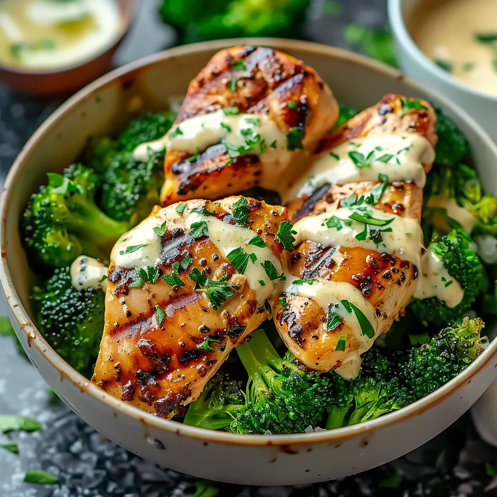 Powerful Grilled Chicken & Broccoli Bowls With Creamy Garlic Sauce