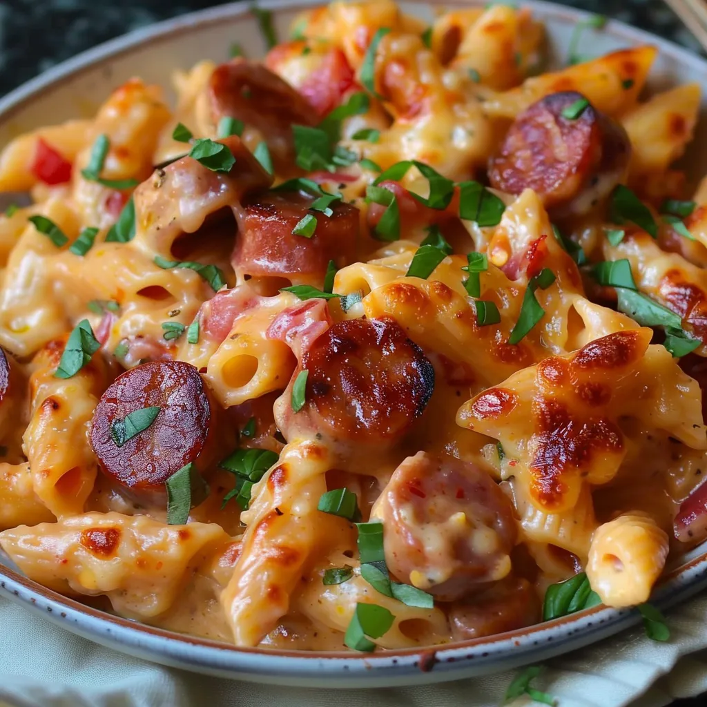Savory One Pan Cheesy Smoked Sausage Pasta Recipe Delight