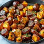 Sheet Pan Sausage and Sweet Potatoes with Honey Garlic Sauce