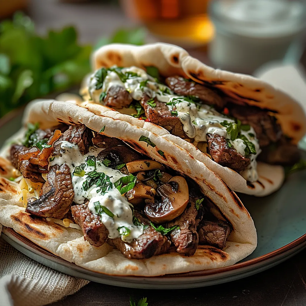 CHEESY BEEF AND MUSHROOM PITA POCKETS WITH TZATZIKI SAUCE