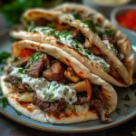 CHEESY BEEF AND MUSHROOM PITA POCKETS WITH TZATZIKI SAUCE