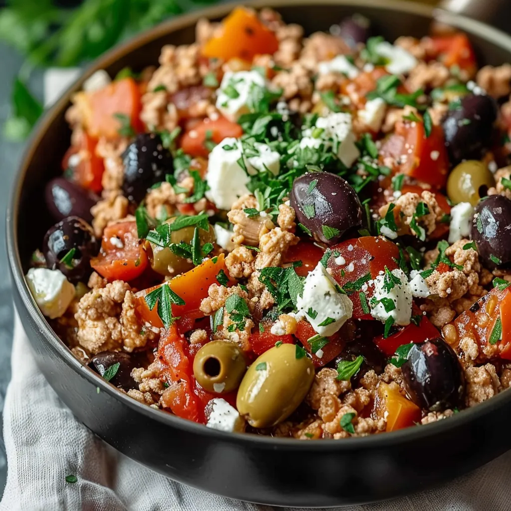 Savory Mediterranean Keto Ground Chicken Skillet with Feta