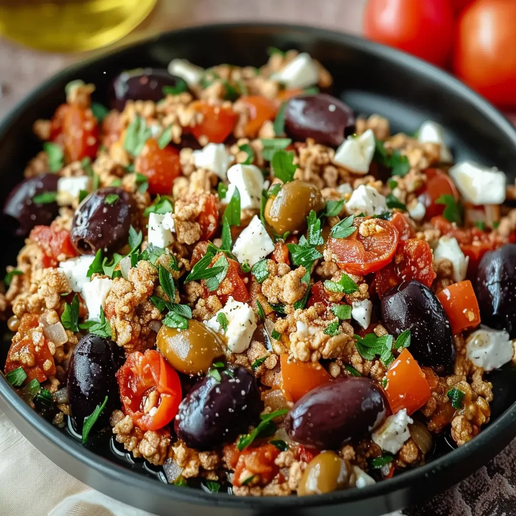 Mediterranean Keto Ground Chicken Skillet with Olives and Feta