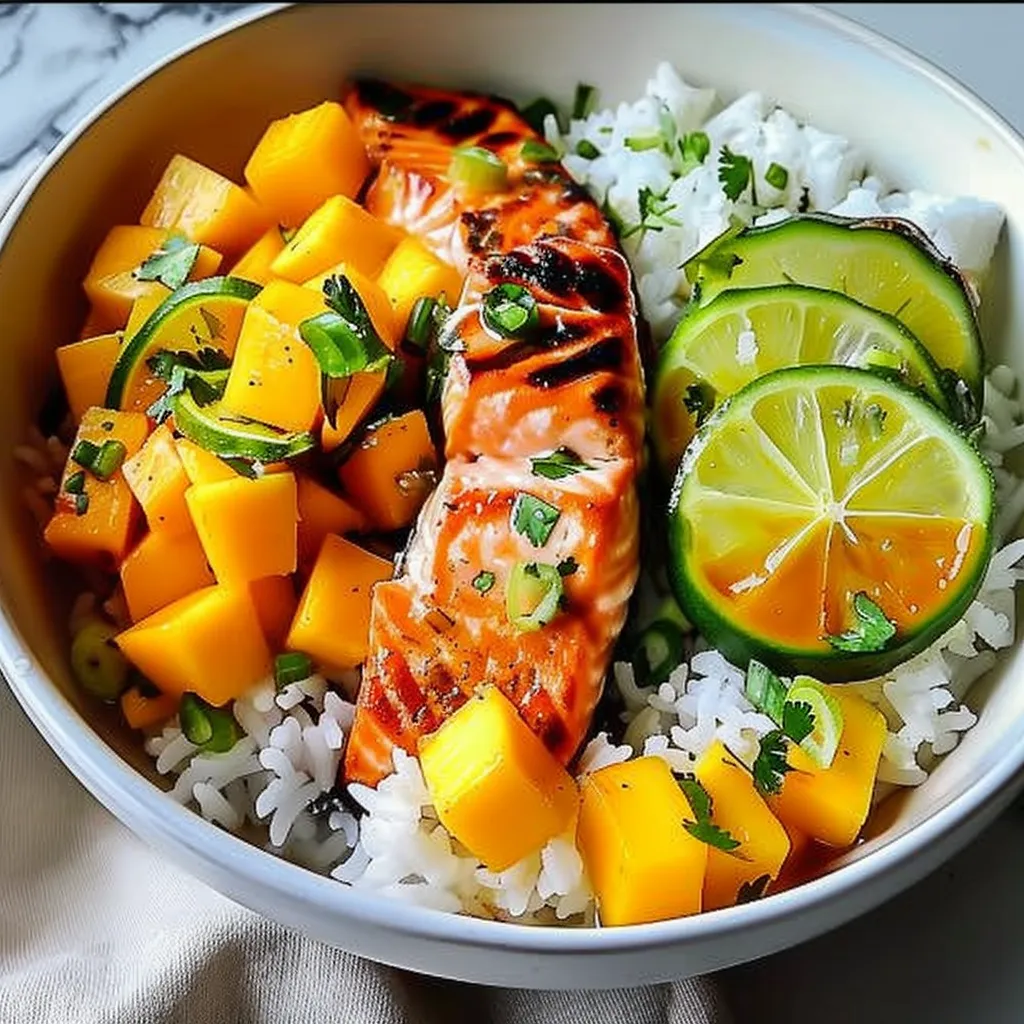 Delicious Salmon And Coconut Rice Bowl with Zesty Mango Salsa