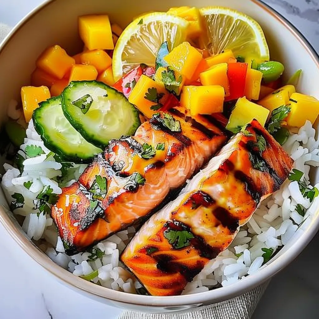 Salmon and Coconut Rice Bowl Accompanied by Mango Salsa