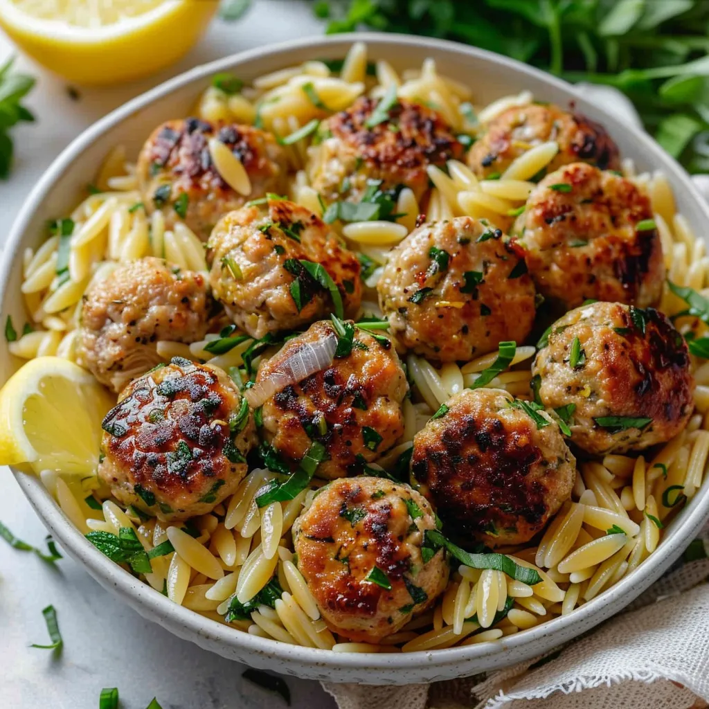 Greek Chicken Meatballs with Lemon Orzo