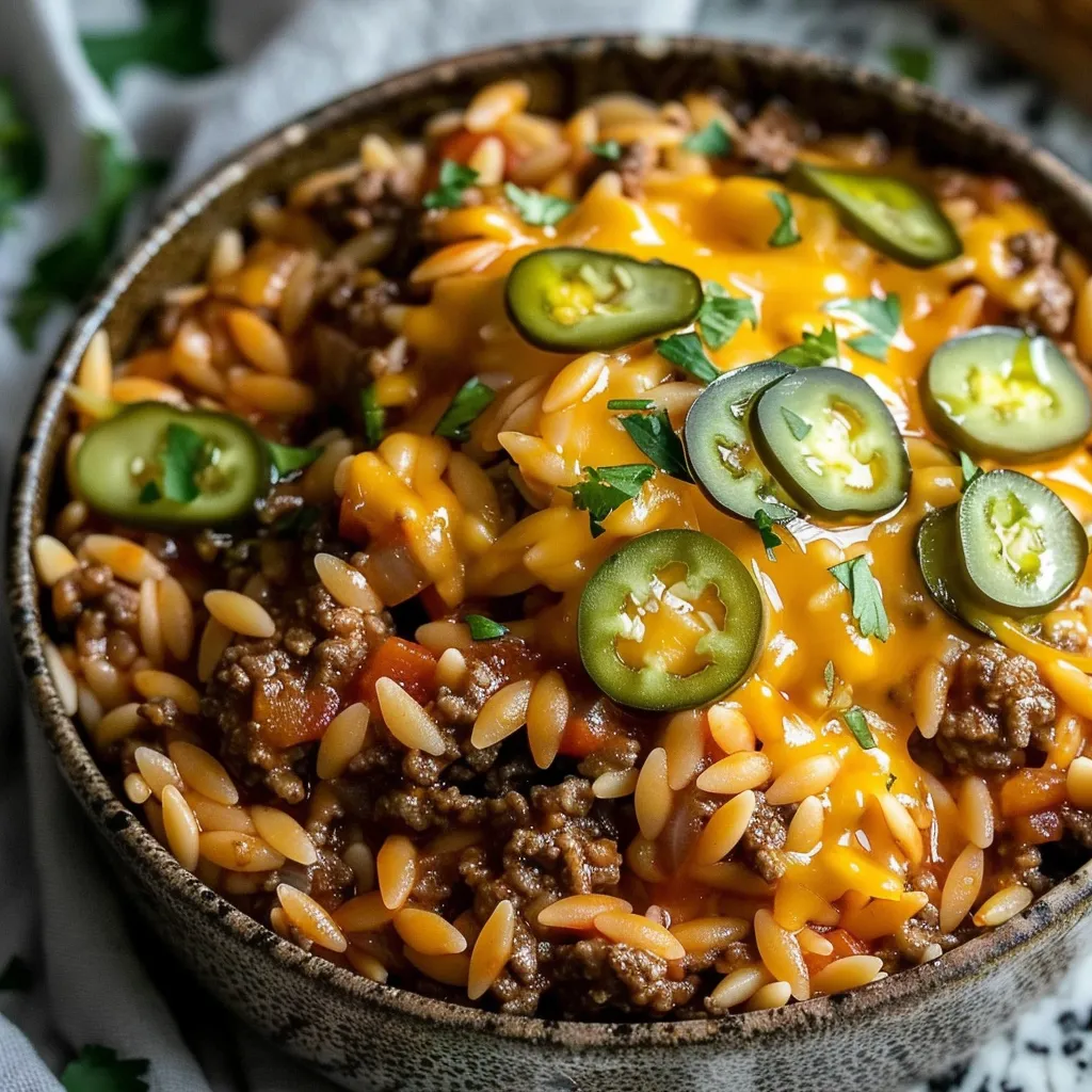 Savory OnePot Cheeseburger Orzo Skillet Recipe Easy Quick