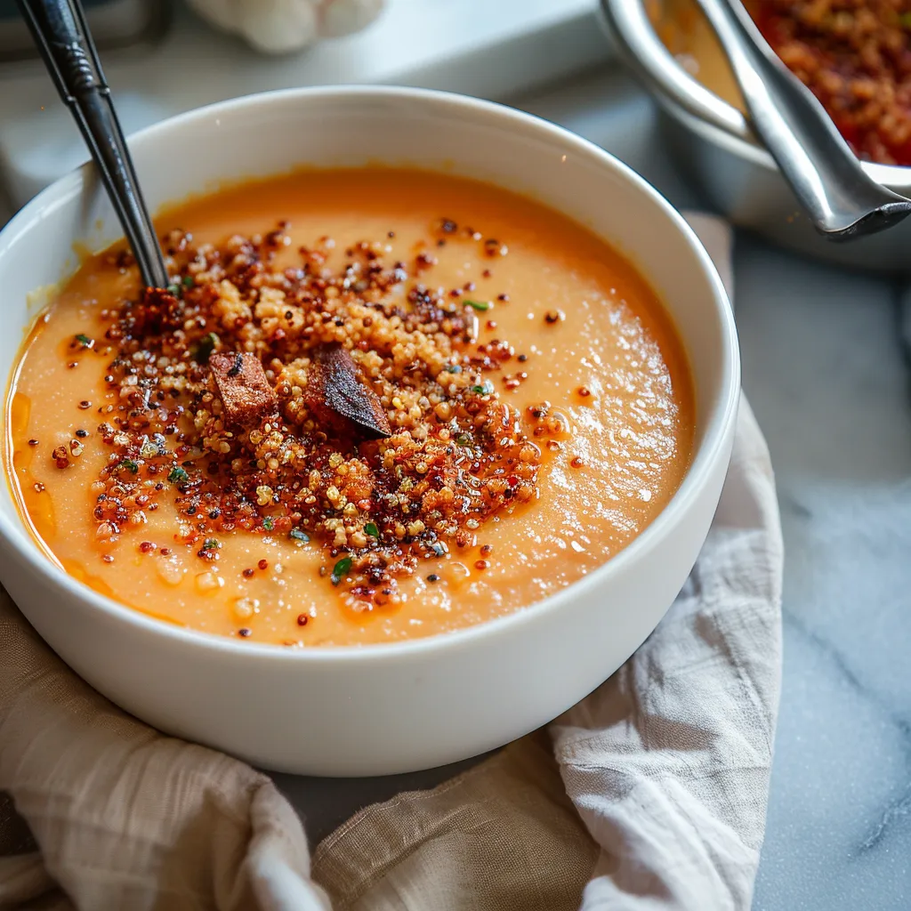 Roasted Garlic Cauliflower and Tomato Soup with Crispy Quinoa
