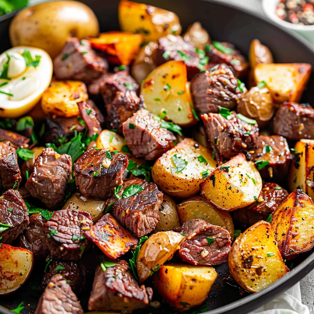 Garlic Butter Beef Bites and Potatoes