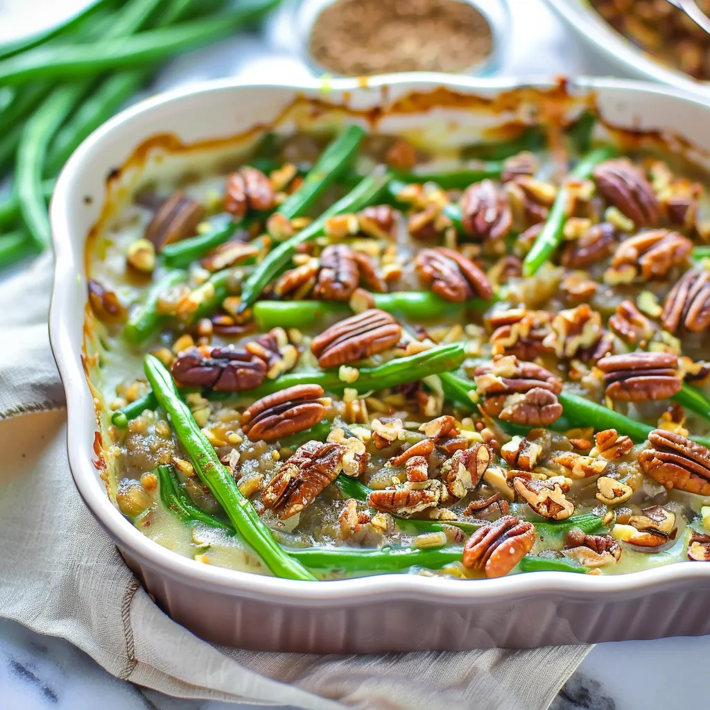 Irresistible Green Bean Casserole with Crunchy Maple Pecans