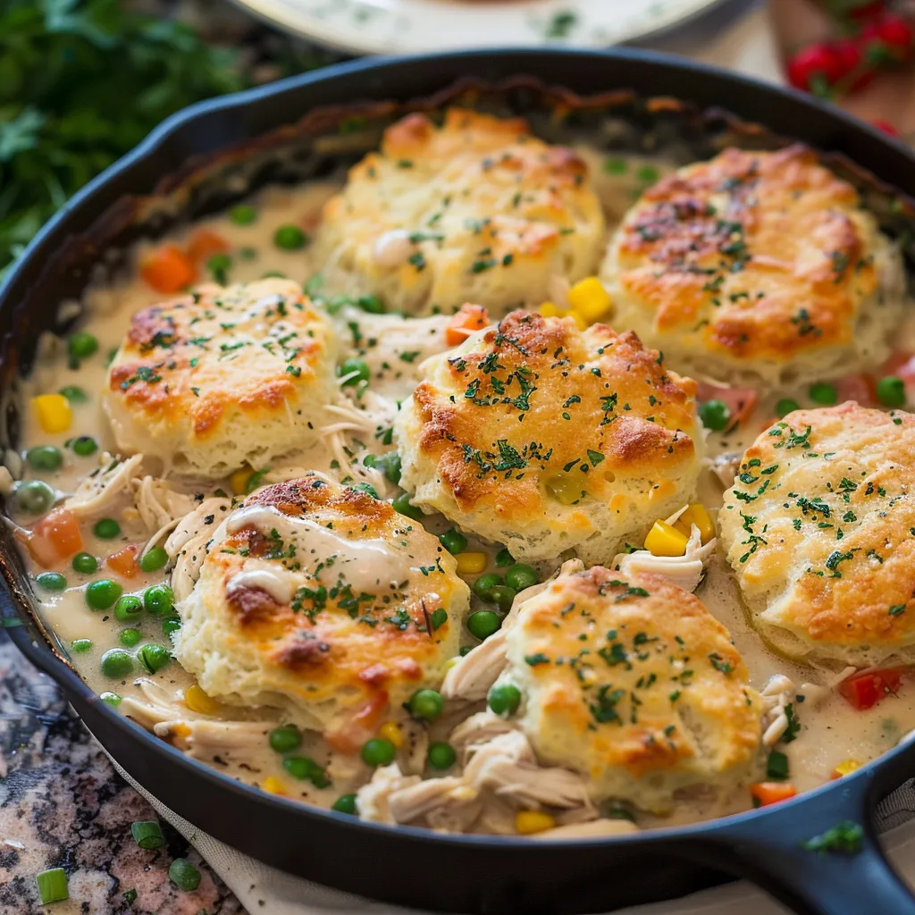Crispy Skillet Chicken Pot Pie with Fluffy Biscuits Delight