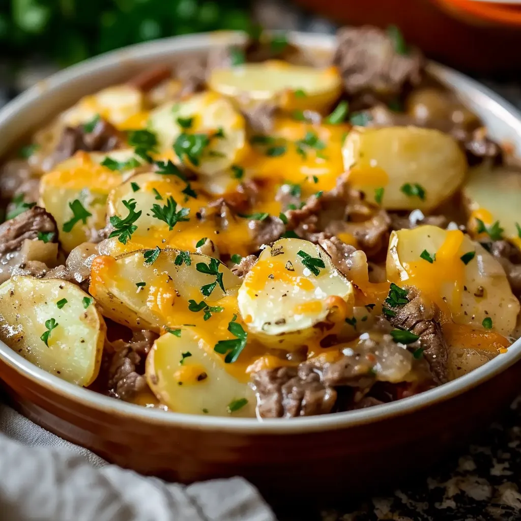 Slow Cooker Steak and Cheddar Potato Casserole