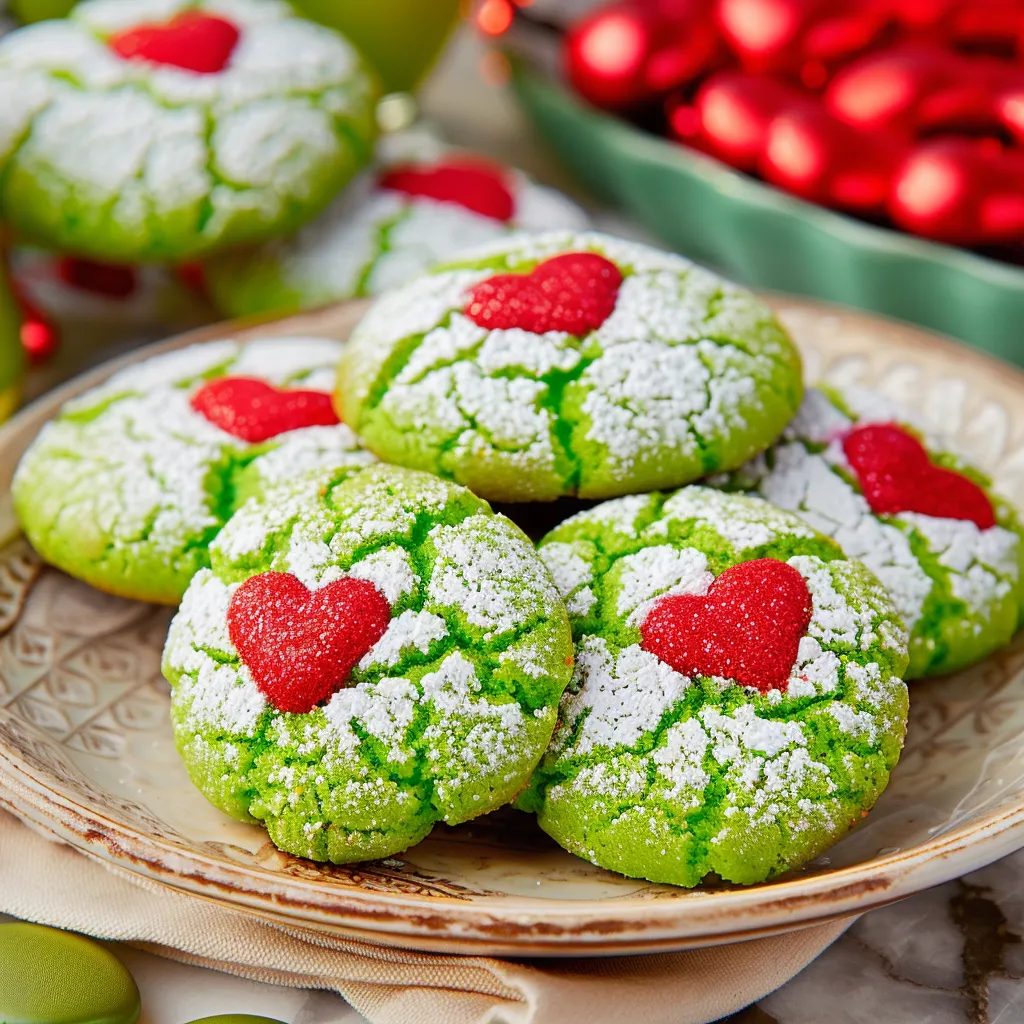 Irresistible Easy Grinch Crinkle Cookies with Red Hearts Recipe