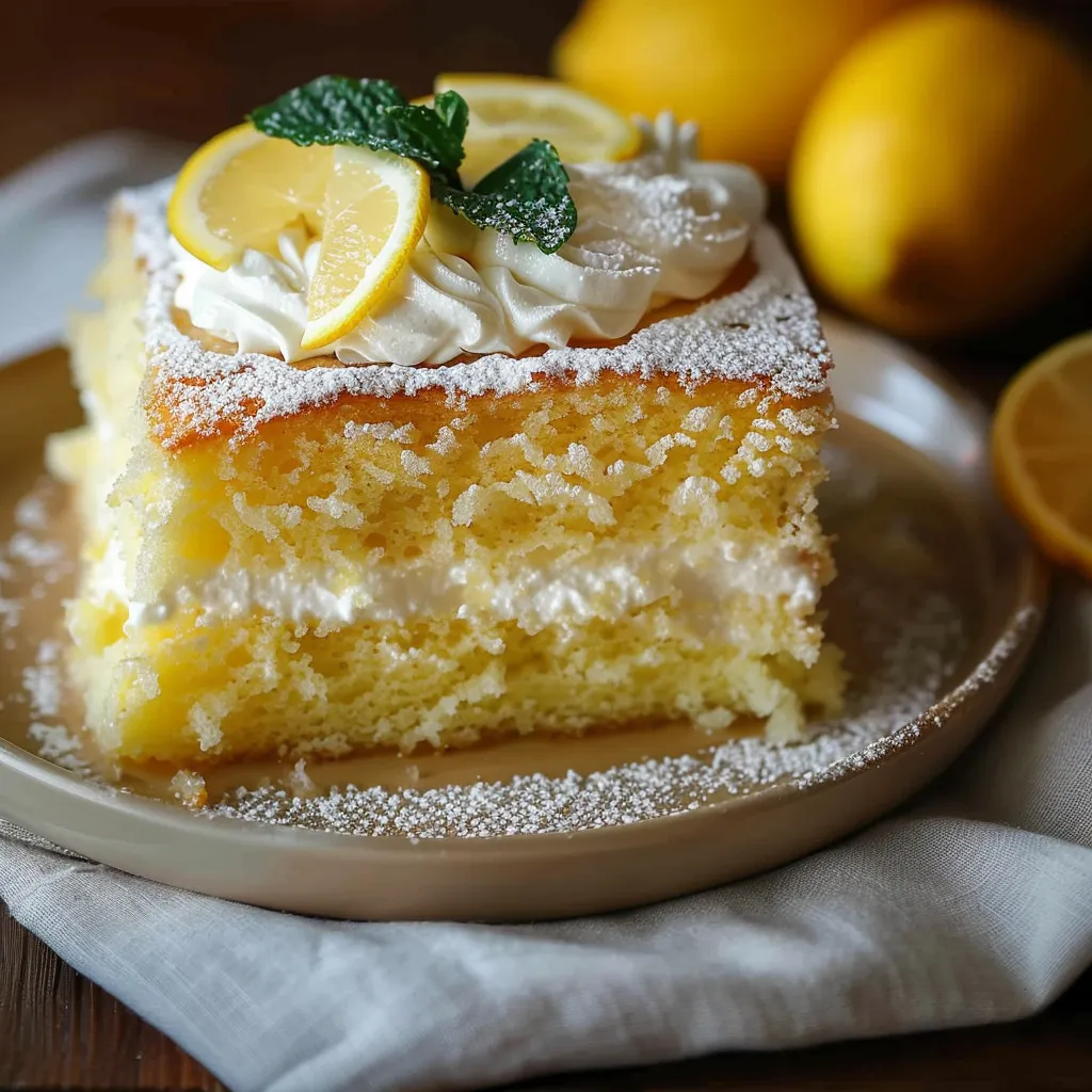 Delicious Fluffy Lemon Cake with Whipped Cream & Sugar Dusting
