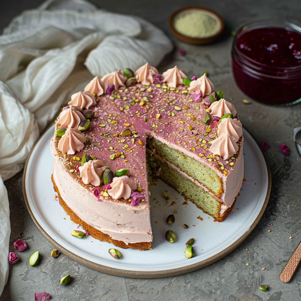 Delicious Pistachio Rose & Cardamom Cake with Raspberry Jam
