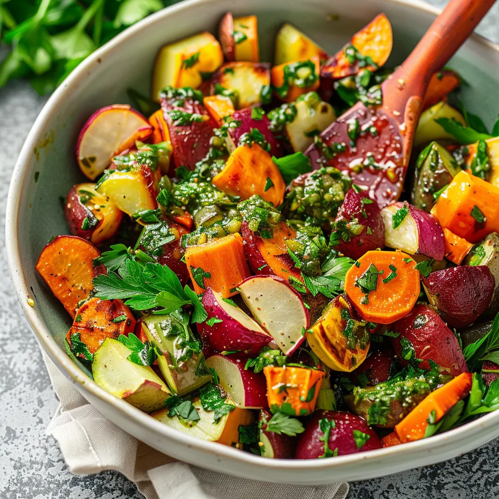 Savory Roasted Root Vegetables with Bold Chimichurri Sauce