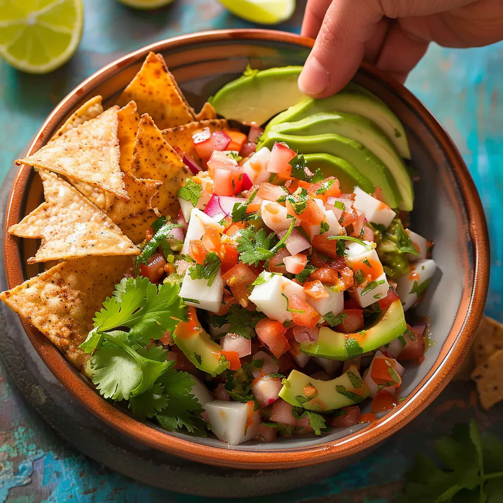 Ceviche with avocado and home-made tortilla chips