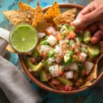 Ceviche with avocado and home-made tortilla chips