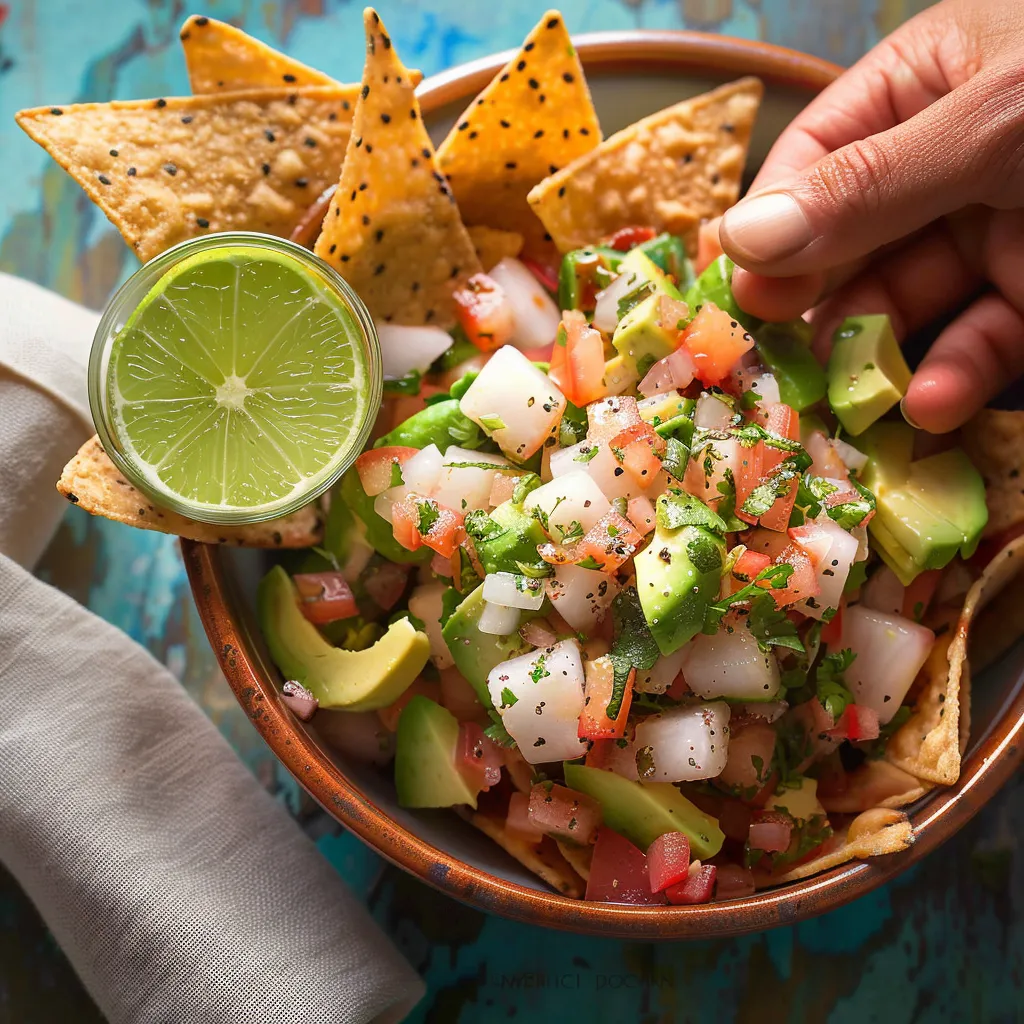 Delicious Ceviche with Avocado and Crispy Tortilla Chips Recipe