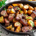 Garlic Butter Steak Bites with roasted baby potatoes