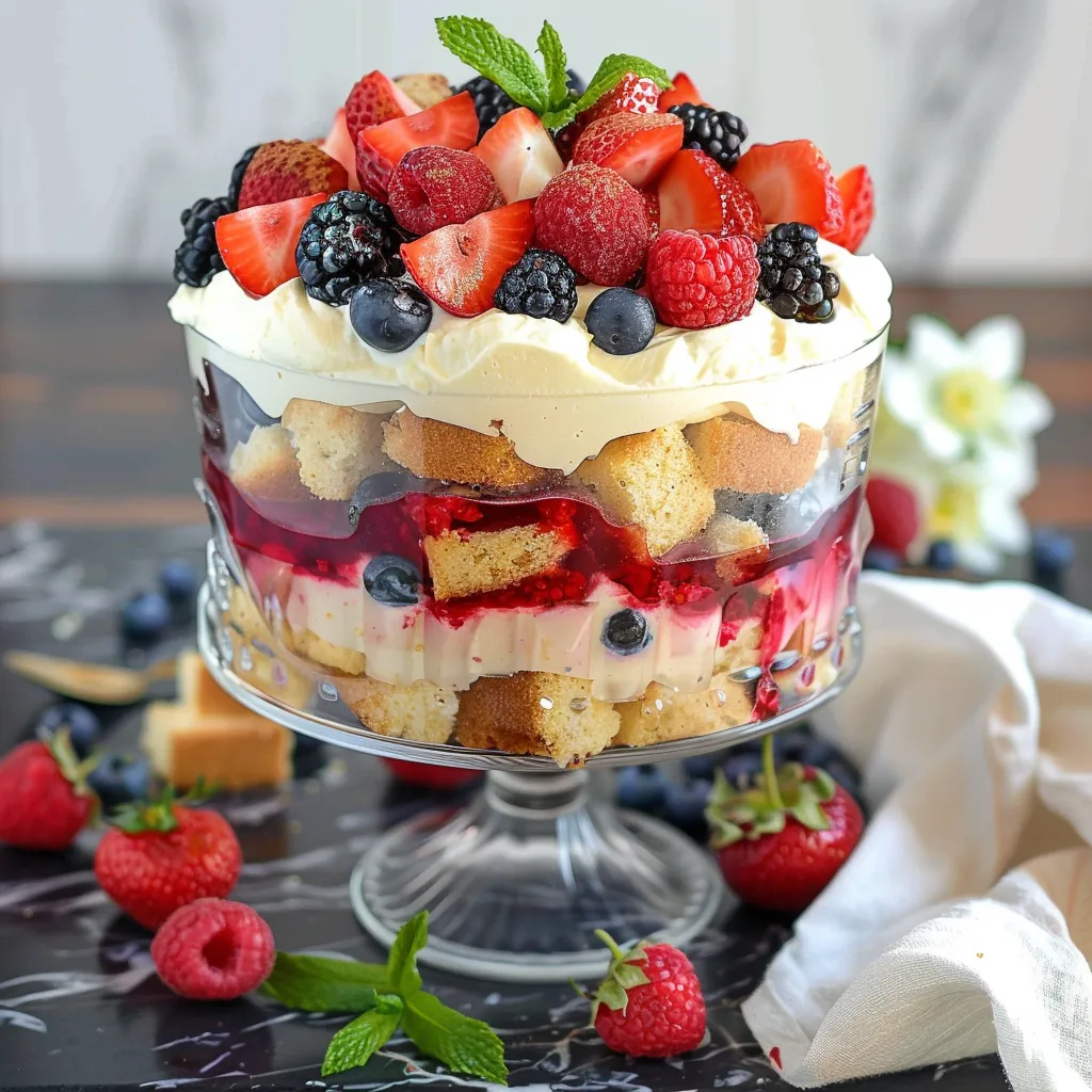 Berry Trifle with layers of sponge cake and vanilla pudding