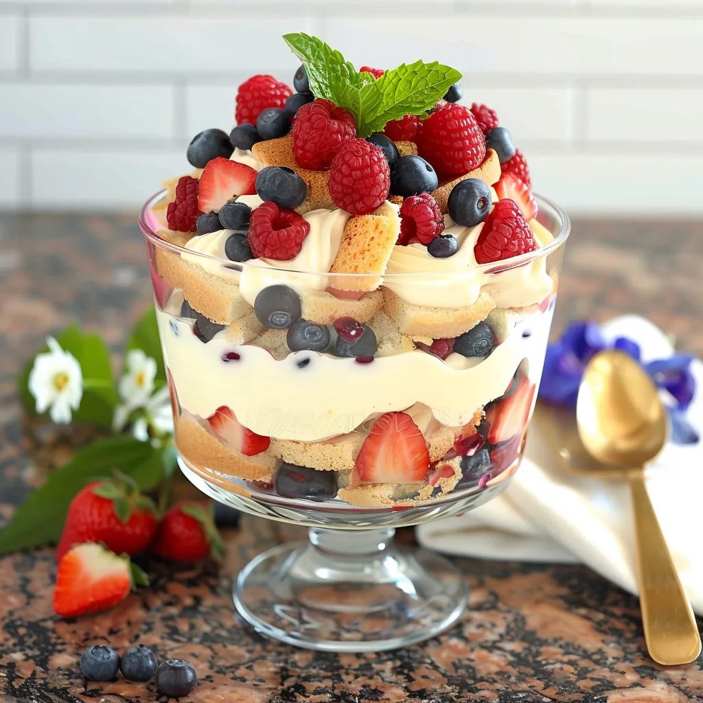 Berry Trifle with layers of sponge cake and vanilla pudding