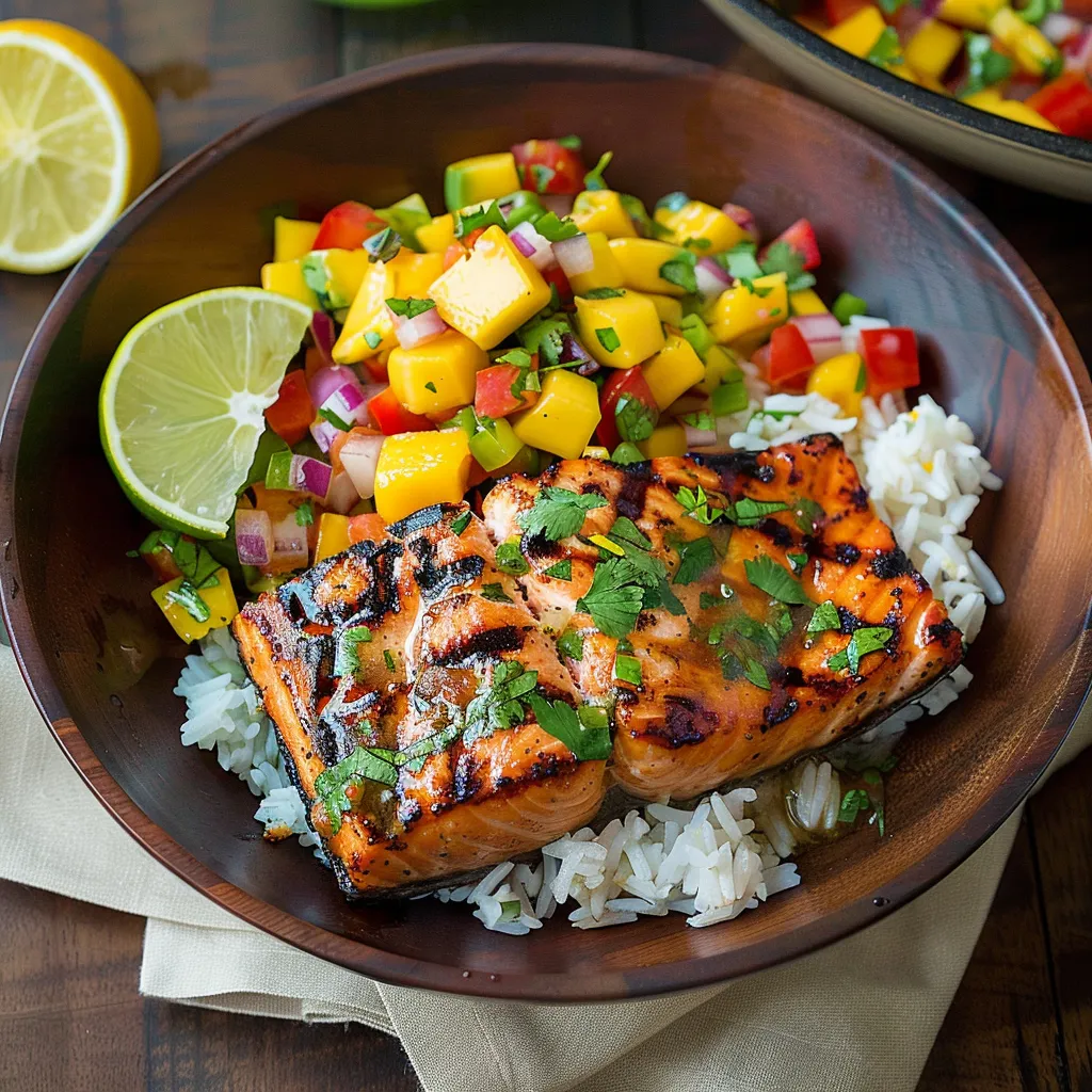 Delicious Grilled Salmon with Mango Salsa and Coconut Rice Recipe