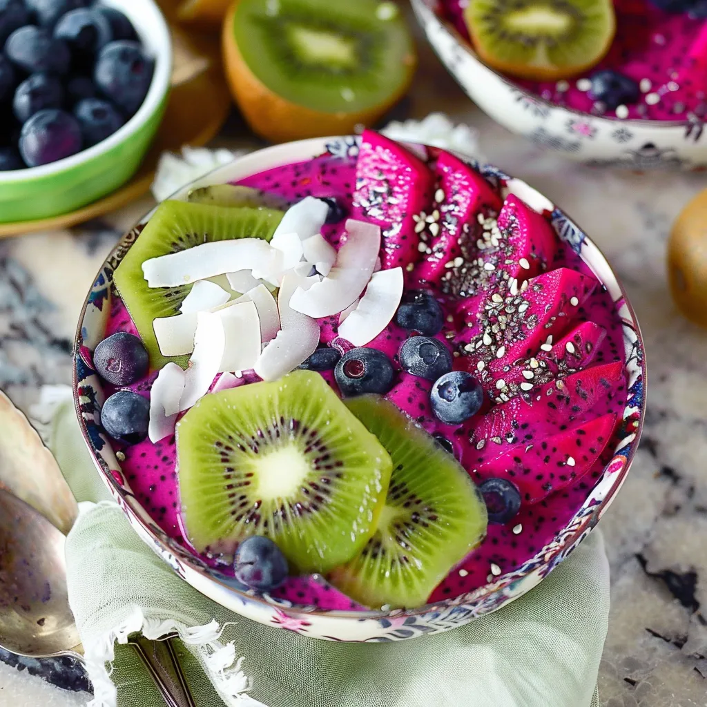 Delicious Dragon Fruit Pitaya Bowls with Kiwi and Coconut Topping