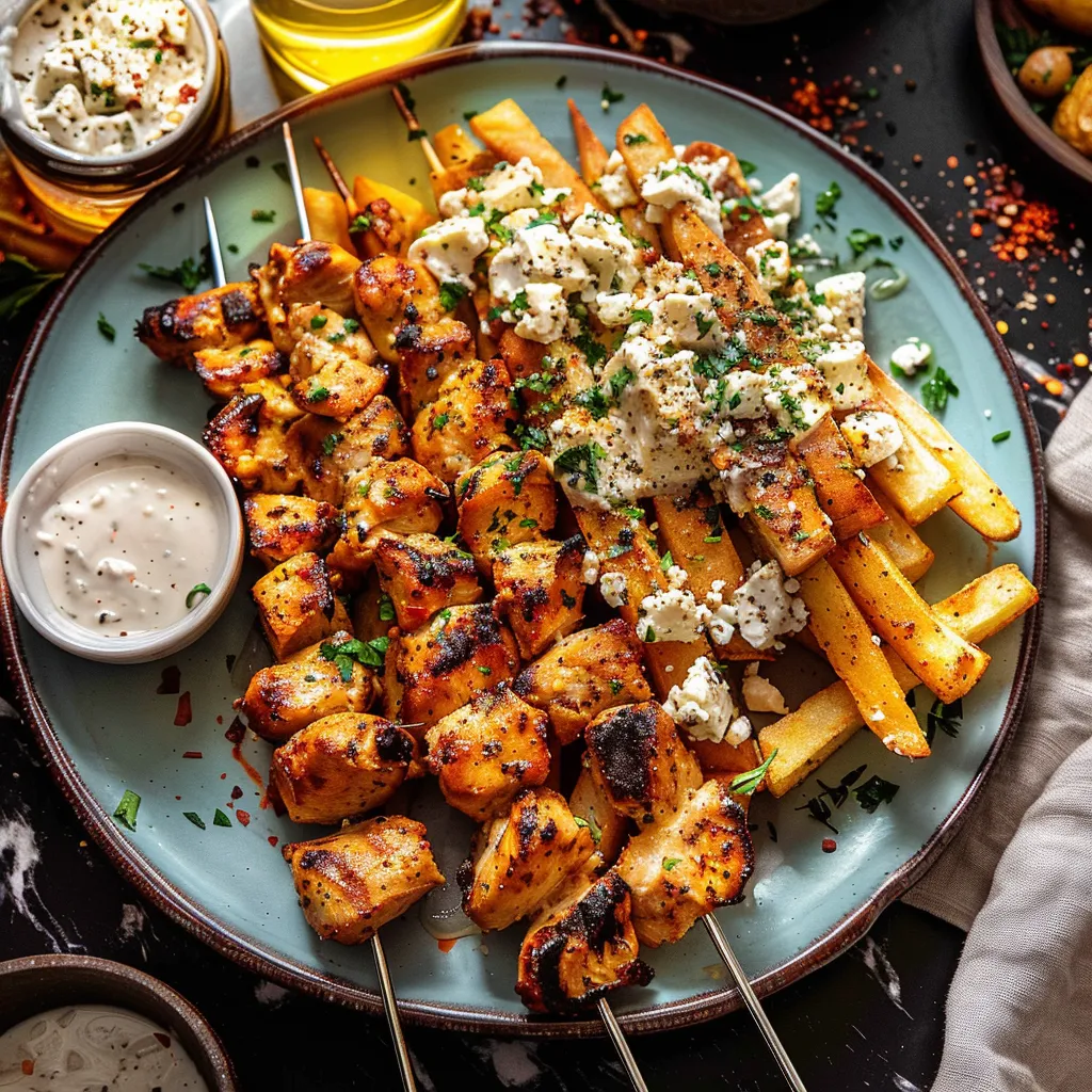 Greek Chicken Skewers with Feta Fries