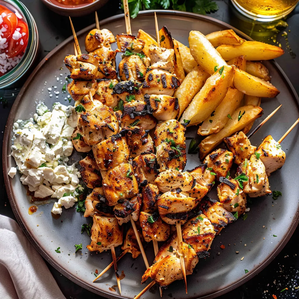 Savory Greek Chicken Skewers with Crisp Feta Fries Delight