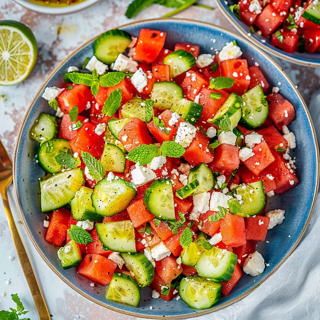 Watermelon and Cucumber Salad with mint and lime and Feta