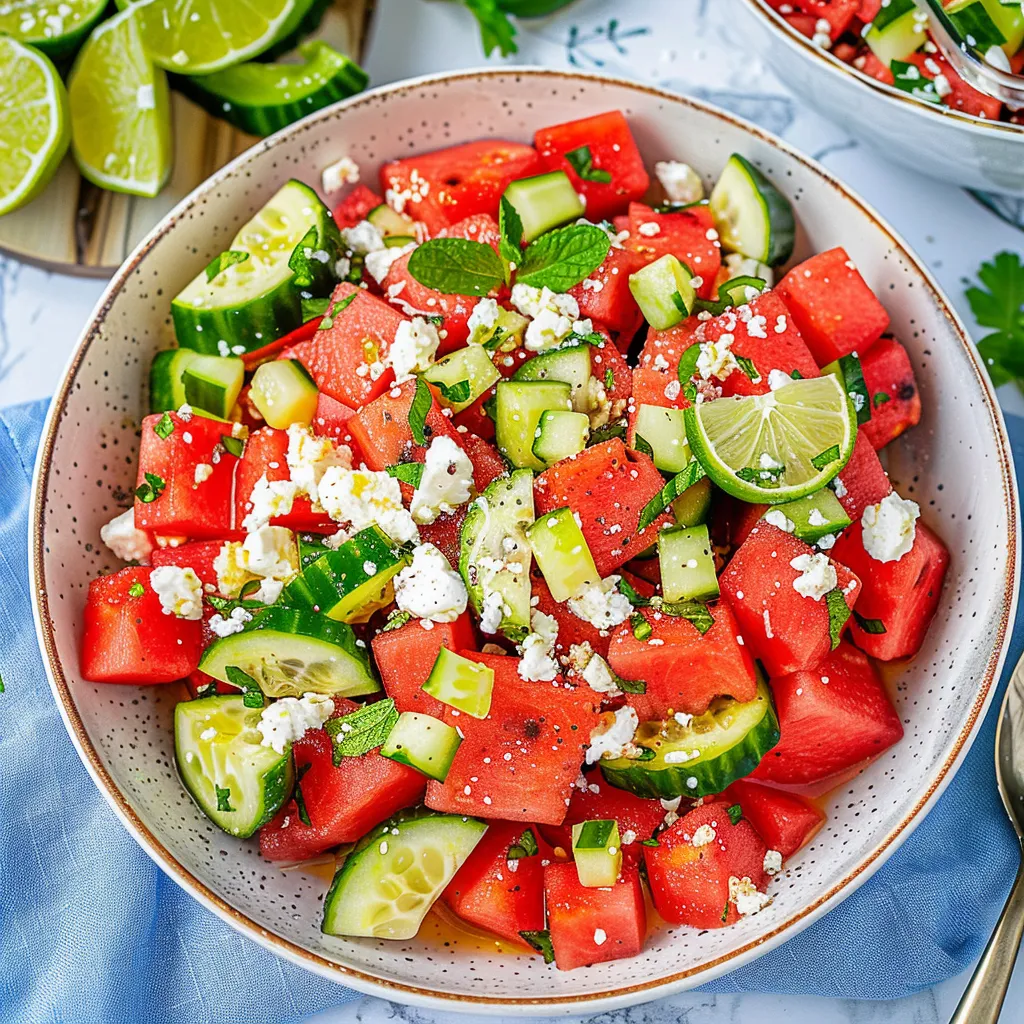 Watermelon and Cucumber Salad with mint and lime and Feta