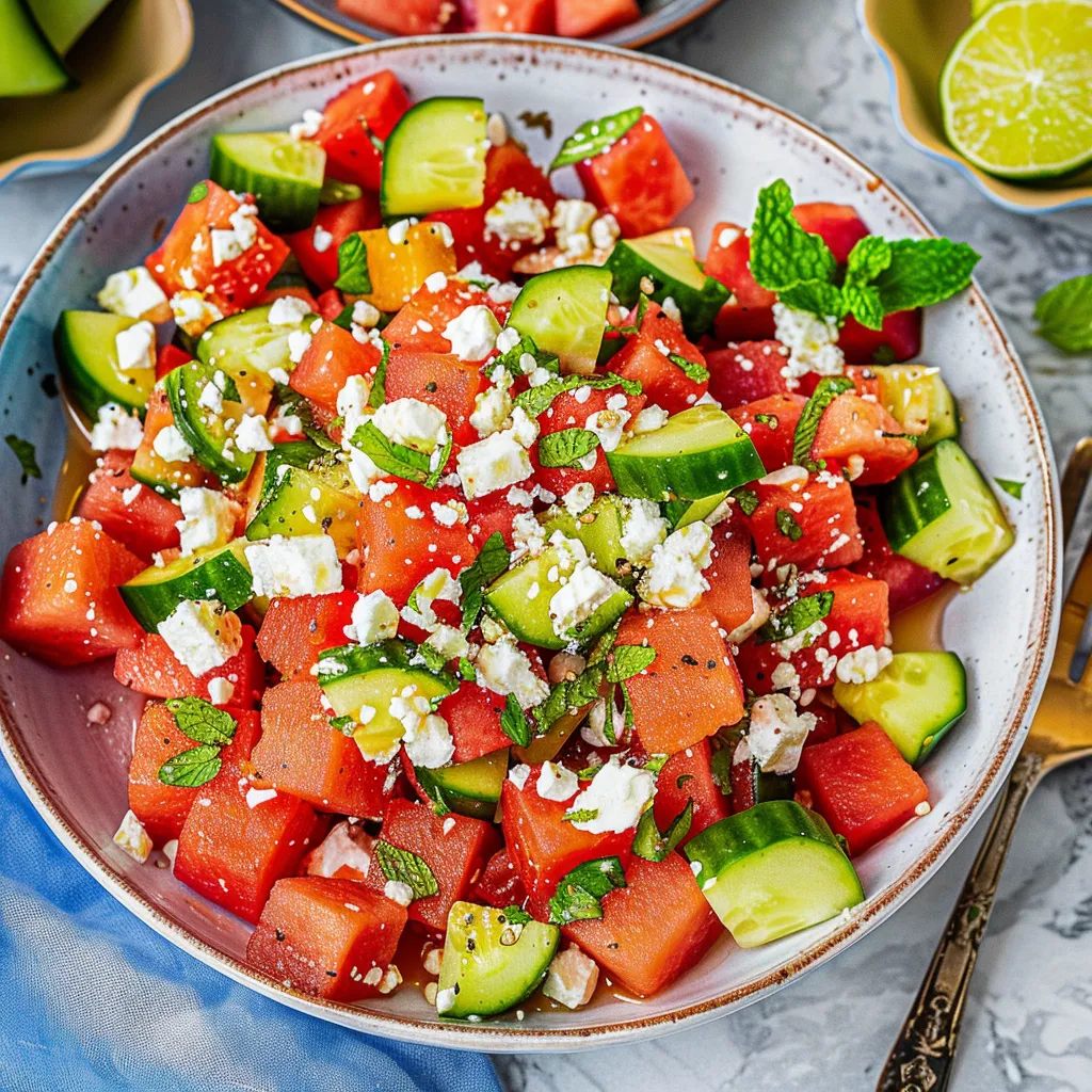 Refreshing Watermelon Cucumber Salad with Mint, Lime & Feta