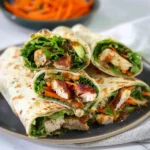 Honey Mustard Chicken Wraps with shredded carrots and greens