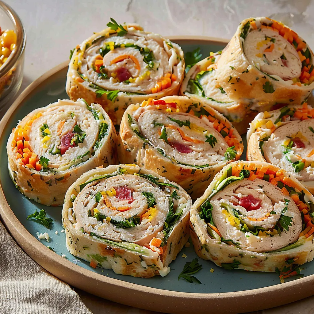 Savory Turkey & Provolone Pinwheels with Creamy Veggie Cheese