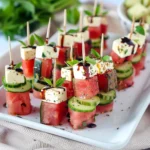 Watermelon Cucumber & Feta Skewers with a balsamic drizzle