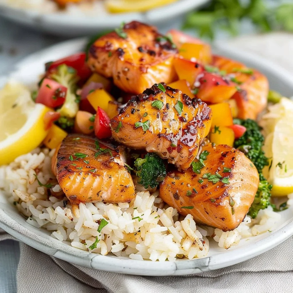 Air Fryer Salmon Bites with Sauteed Broccoli and Coconut Rice