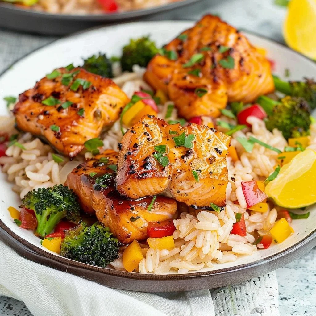 Air Fryer Salmon Bites with Sauteed Broccoli and Coconut Rice