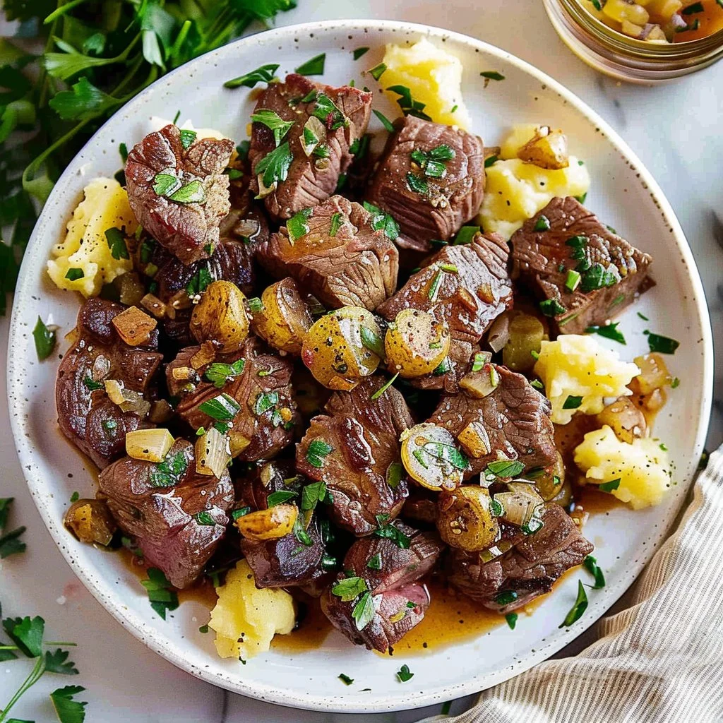 Juicy Garlic Butter Steak Bites With Smashed Potatoes
