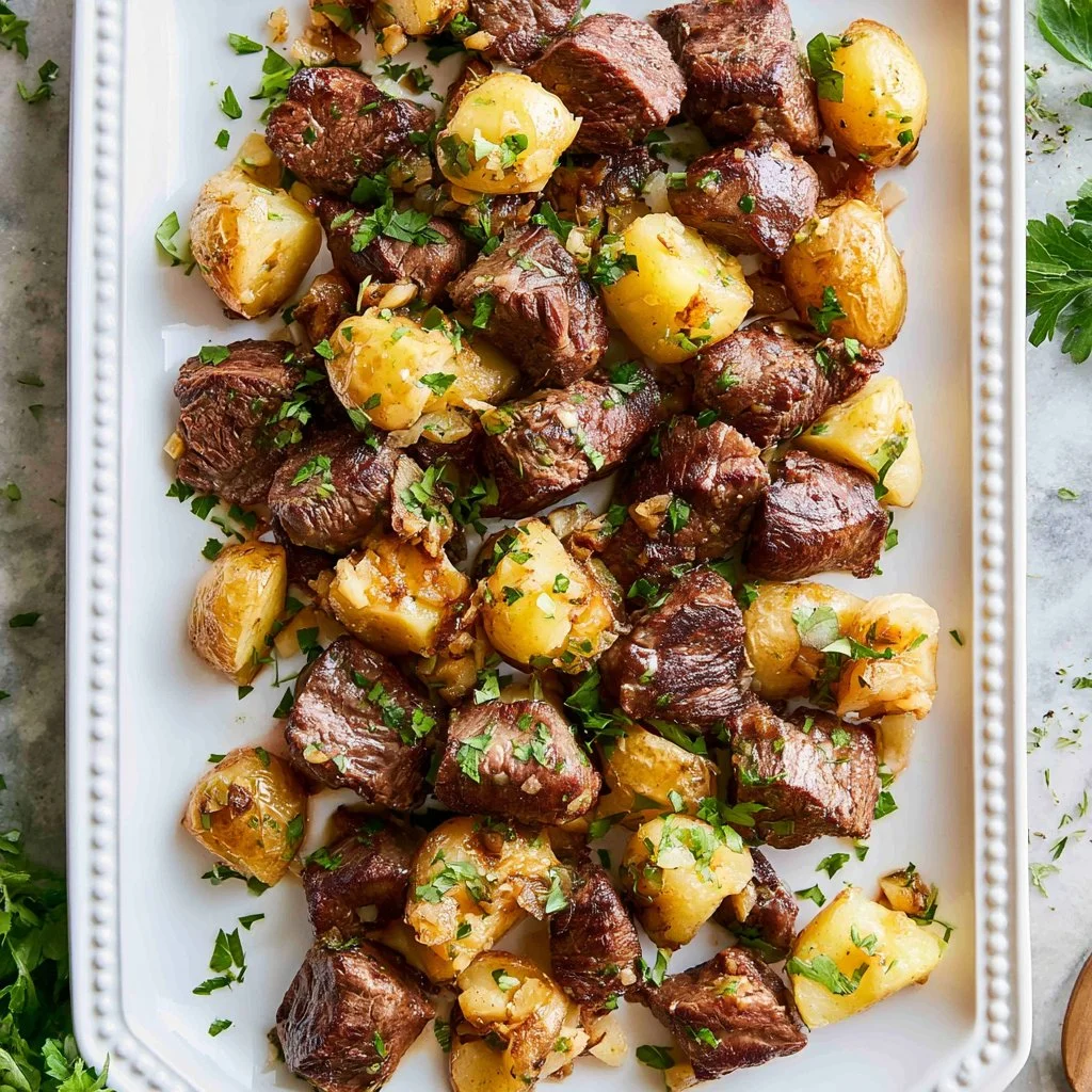 Juicy Garlic Butter Steak Bites With Smashed Potatoes