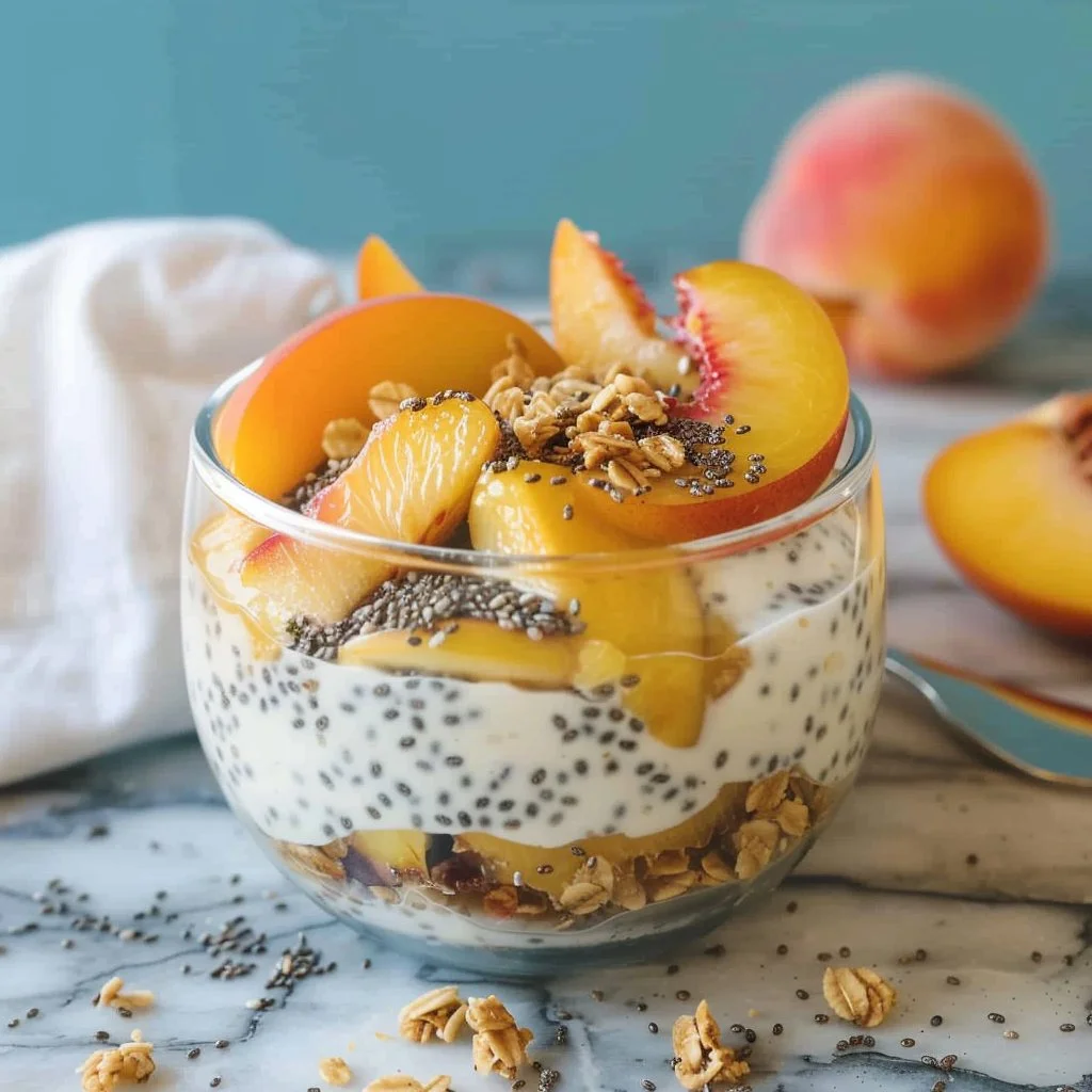 Overnight Chia Yogurt Parfait with Peaches and Cream