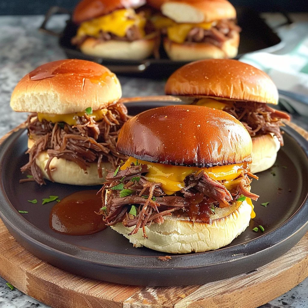 Pulled Beef Sliders with Cheddar Cheese