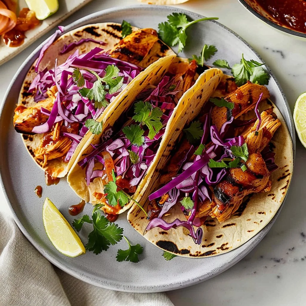 BBQ Chicken Tacos with Red Cabbage Slaw