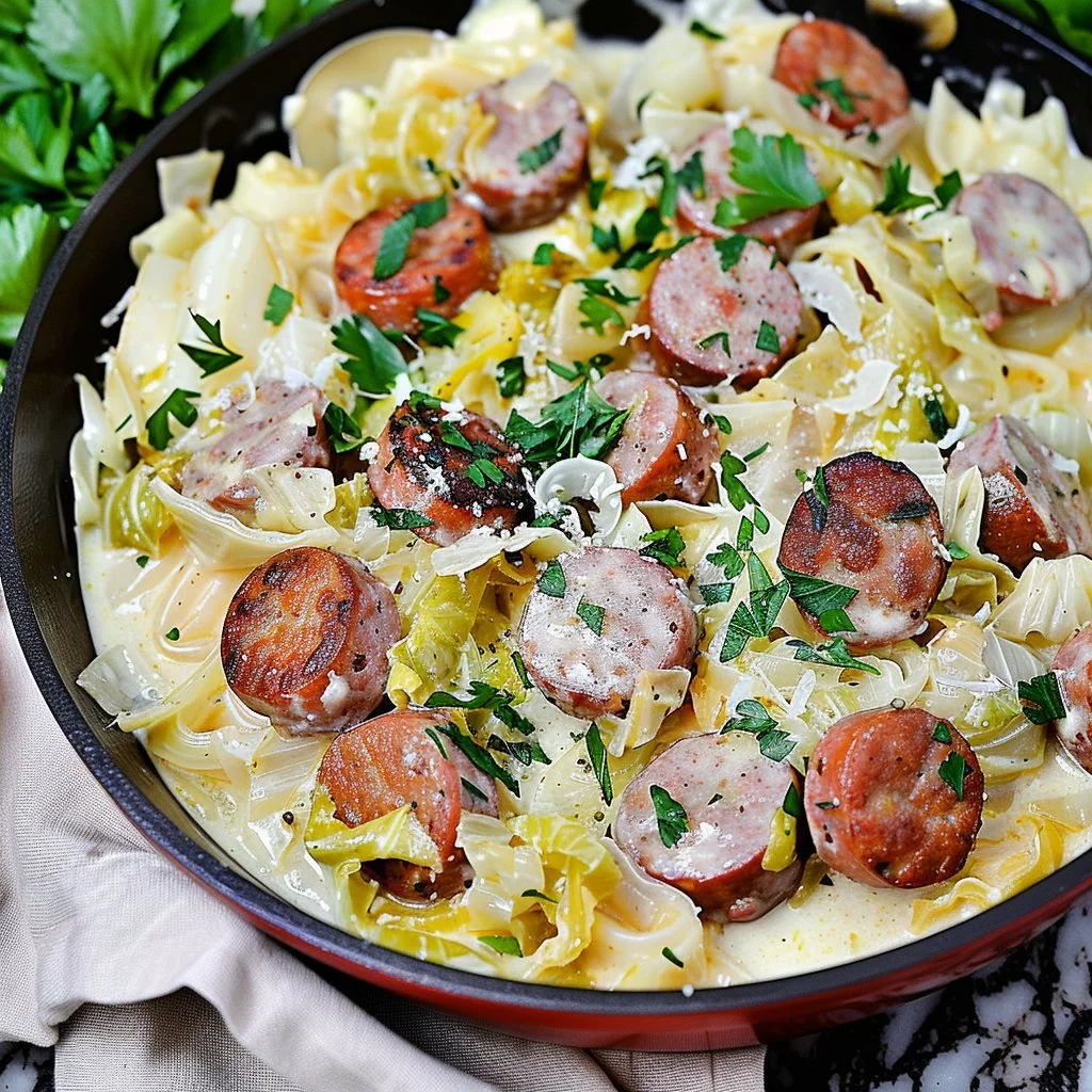 Cajun Sausage Alfredo with Cabbage