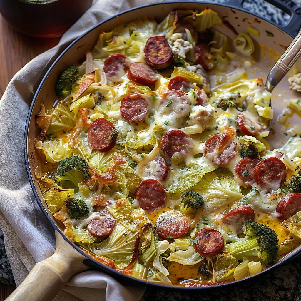 Cheesy Sausage Bake with Cabbage and Broccoli