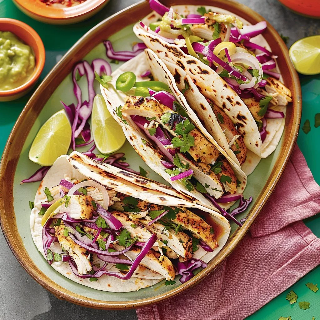 Chicken Street Tacos with Red Cabbage Slaw and Lime-Pickled Onions
