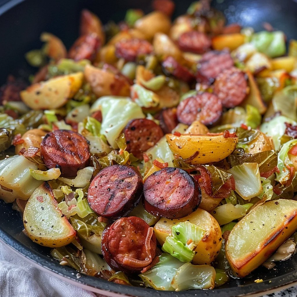 Fried Kielbasa with Cabbage and Roasted Potatoes