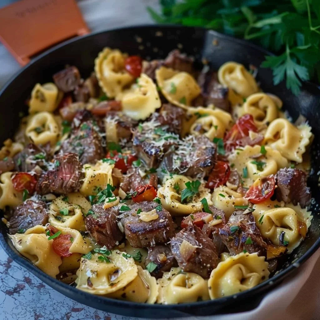 Garlic Parmesan Steak and Tortellini Skillet