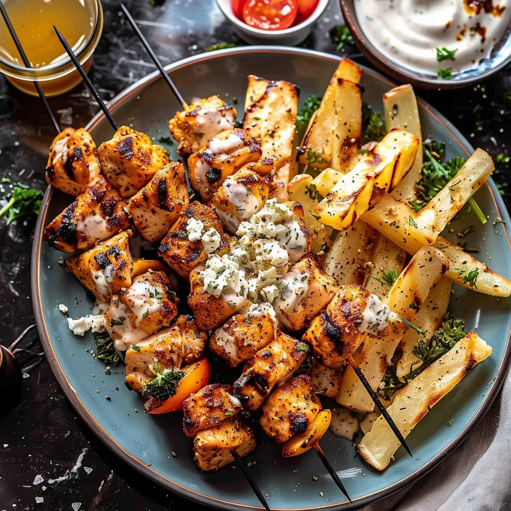 Greek Chicken Skewers with Feta Fries Recipe