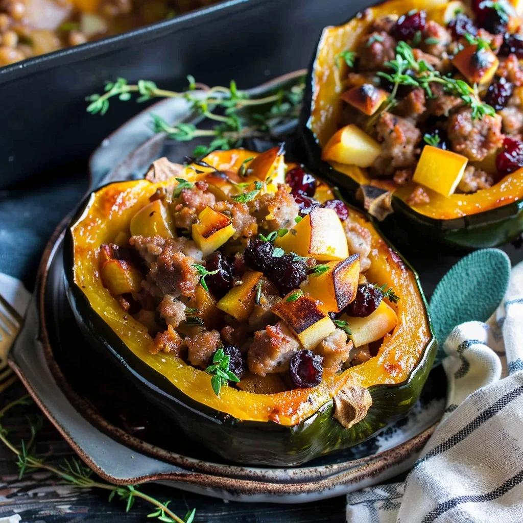 Stuffed Acorn Squash with Sausage, Apples, and Cranberries
